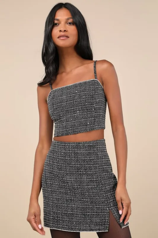 Charismatically Cute Black Tweed Rhinestone Sleeveless Crop Top sold by Lulus