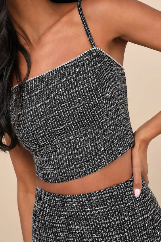 Charismatically Cute Black Tweed Rhinestone Sleeveless Crop Top sold by Lulus product image thumbnail 4