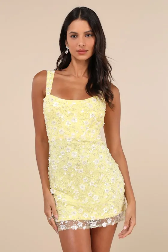 Dazzling Forever Yellow Sequin Beaded Bodycon Mini Dress sold by Lulus