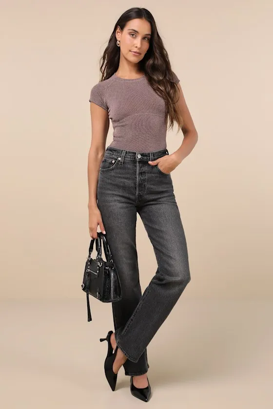 Ribcage Washed Black Straight Leg High-Rise Denim Jeans sold by Lulus