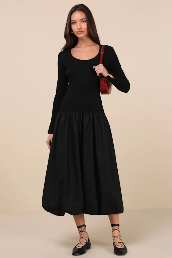 Sophisticated Chic Black Mixed Media Midi Dress sold by Lulus