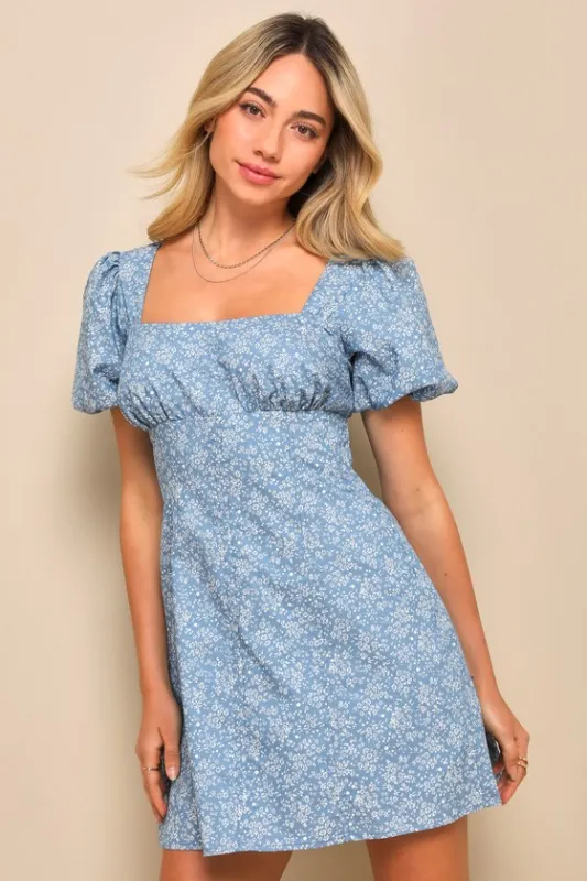 Flawless Darling Blue Floral Chambray Tie-Back Mini Dress sold by Lulus
