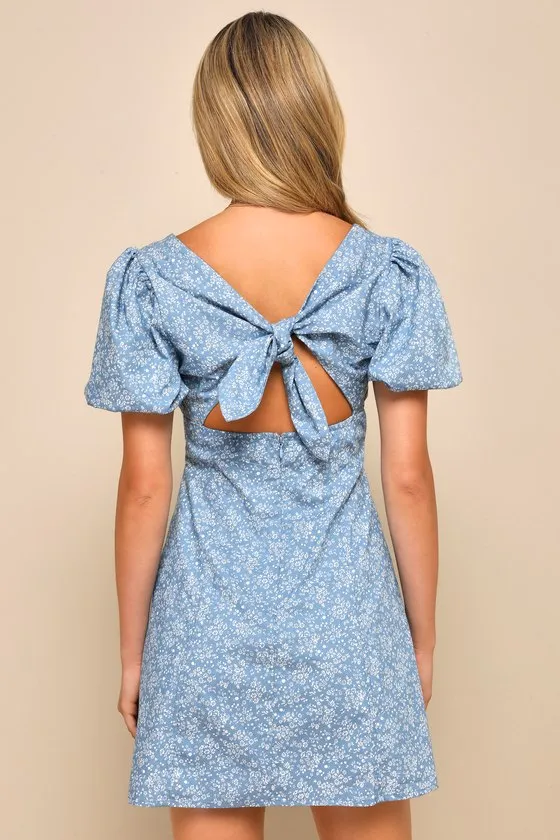 Flawless Darling Blue Floral Chambray Tie-Back Mini Dress sold by Lulus product image thumbnail 4