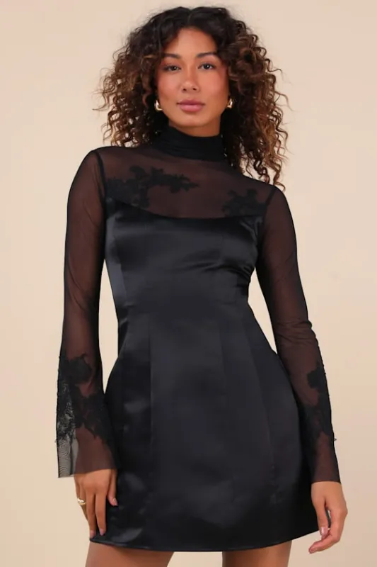 Exceptional Muse Black Satin Mock Neck Mini Dress sold by Lulus