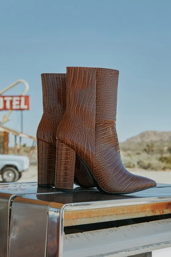 Dawson Tan Crocodile Pointed-Toe Mid Calf Boots sold by Lulus