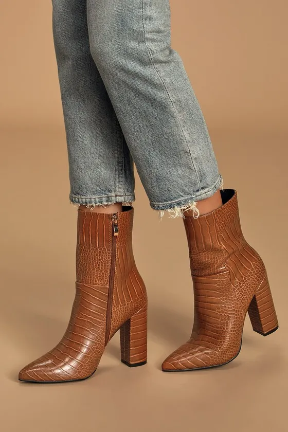 Dawson Tan Crocodile Pointed-Toe Mid Calf Boots sold by Lulus product image thumbnail 2