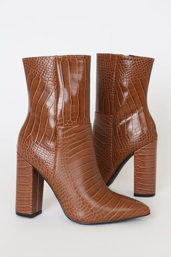 Dawson Tan Crocodile Pointed-Toe Mid Calf Boots sold by Lulus product image thumbnail 3
