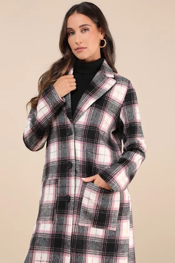 Posh Weather Black and Pink Plaid Collared Peacoat sold by Lulus