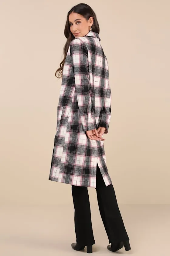 Posh Weather Black and Pink Plaid Collared Peacoat sold by Lulus product image thumbnail 3