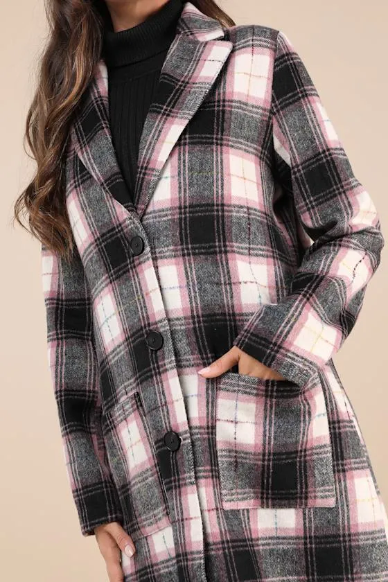 Posh Weather Black and Pink Plaid Collared Peacoat sold by Lulus product image thumbnail 4