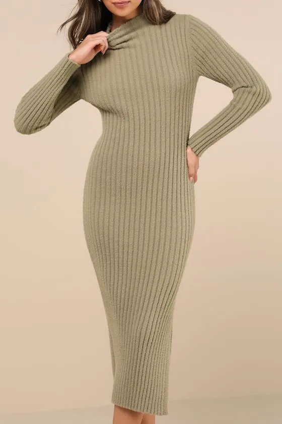 Irresistible Feelings Olive Fuzzy Knit Midi Sweater Dress sold by Lulus product image thumbnail 4