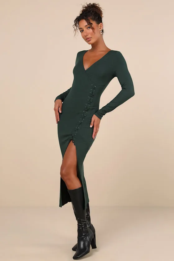Trendsetting Desire Green Ribbed Jersey Knit Lace-Up Midi Dress sold by Lulus