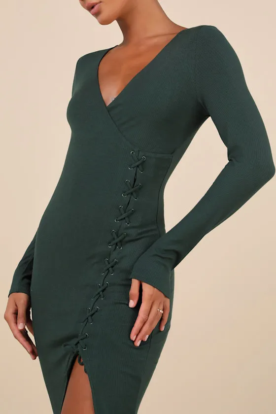 Trendsetting Desire Green Ribbed Jersey Knit Lace-Up Midi Dress sold by Lulus product image thumbnail 2
