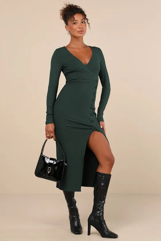 Trendsetting Desire Green Ribbed Jersey Knit Lace-Up Midi Dress sold by Lulus product image thumbnail 4