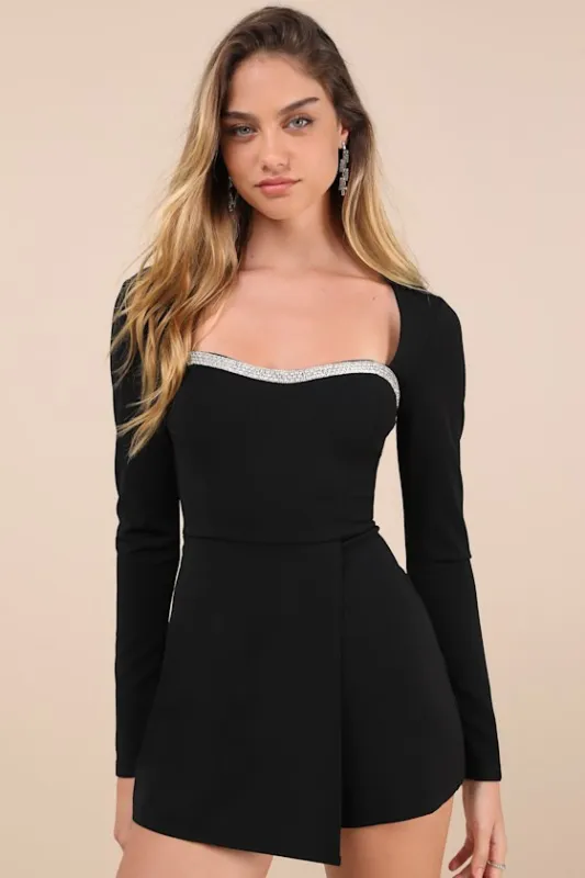 Fashionable Sparkle Black Rhinestone Long Sleeve Skort Romper sold by Lulus