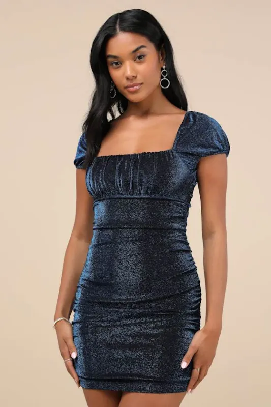Absolute Radiance Sparkly Blue Ruched Puff Sleeve Mini Dress sold by Lulus