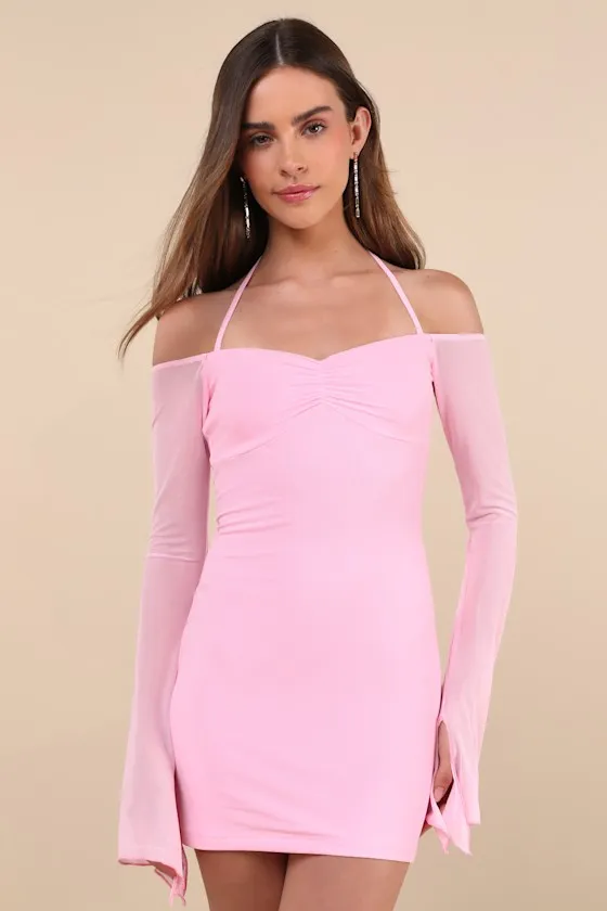 Flirty Silhouette Light Pink Mesh Long Sleeve Halter Mini Dress sold by Lulus