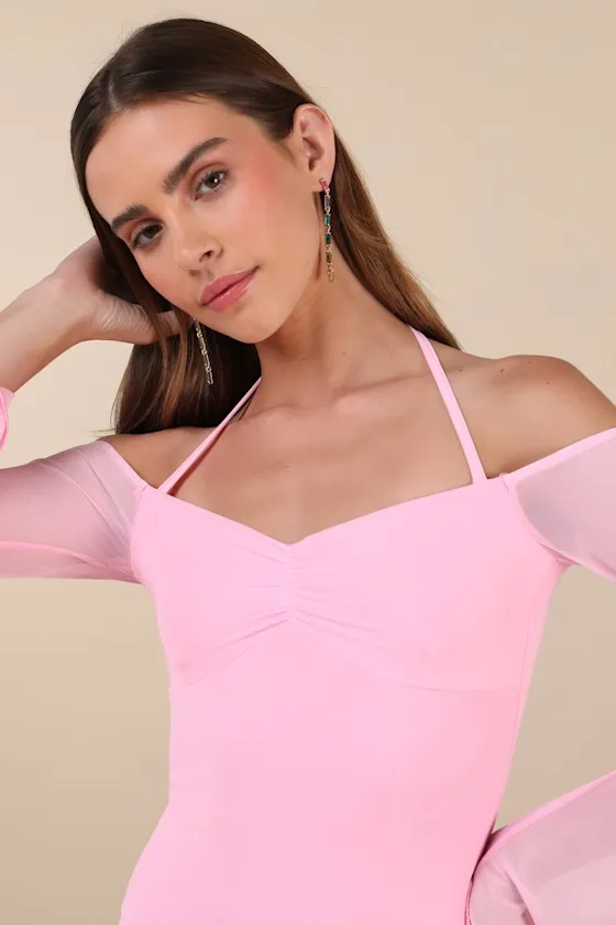 Flirty Silhouette Light Pink Mesh Long Sleeve Halter Mini Dress sold by Lulus product image thumbnail 4