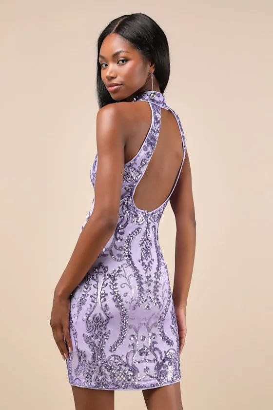 Glittering Glamour Lavender Sequin Mock Neck Mini Dress sold by Lulus
