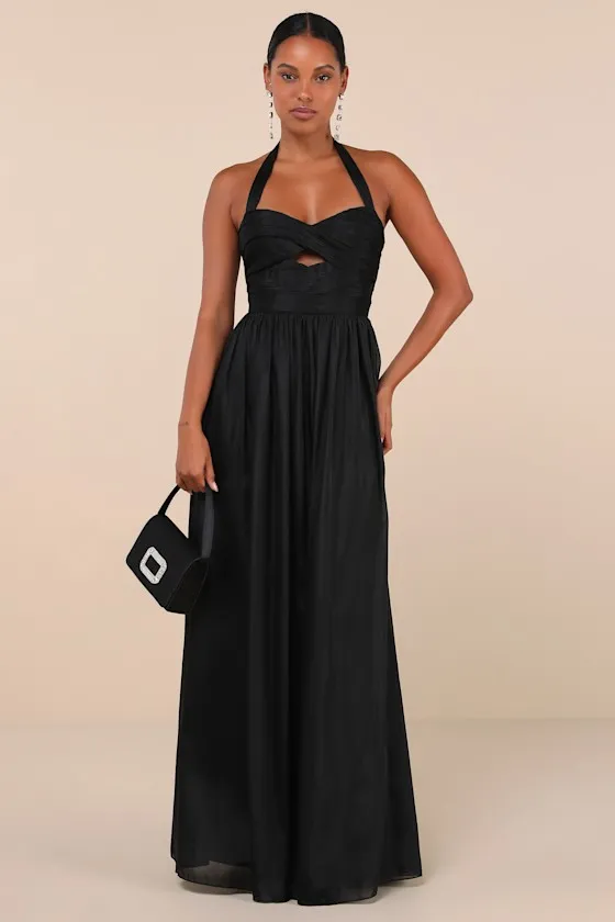 Marvelous Impression Black Pleated Halter Cutout Maxi Dress sold by Lulus