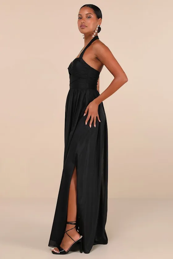 Marvelous Impression Black Pleated Halter Cutout Maxi Dress sold by Lulus product image thumbnail 3