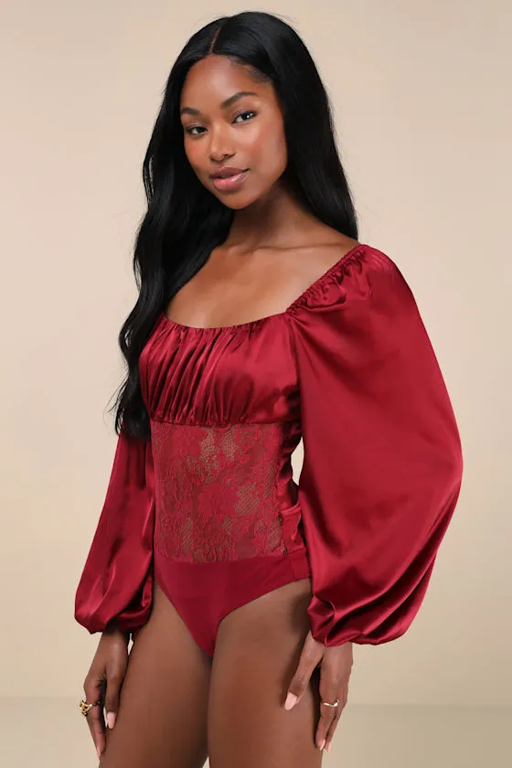 Endless Aura Wine Red Satin Balloon Sleeve Sheer Lace Bodysuit sold by Lulus product image thumbnail 4