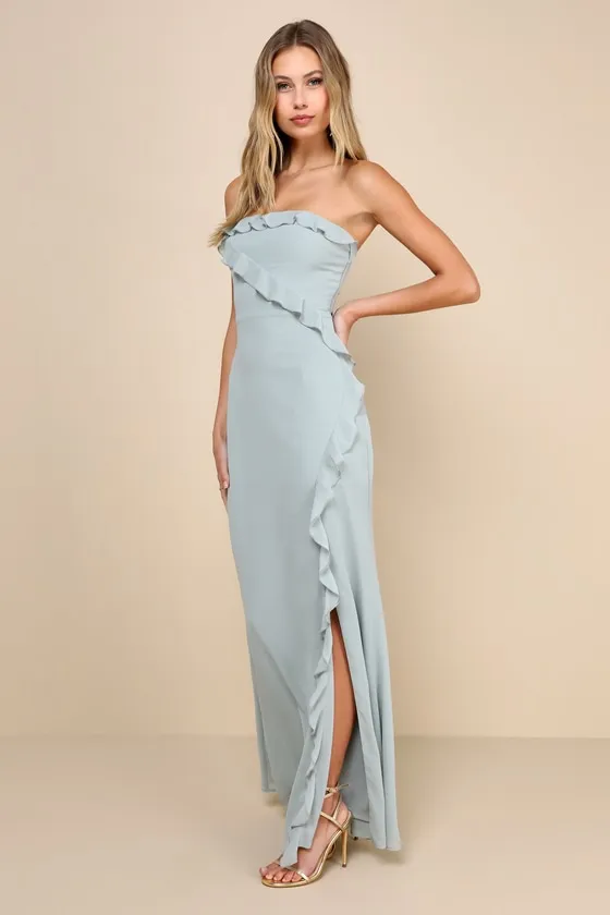 Excellent Sensation Sage Green Strapless Ruffled Maxi Dress sold by Lulus