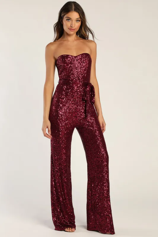Flirty Moves Wine Red Sequin Strapless Wide-Leg Jumpsuit sold by Lulus