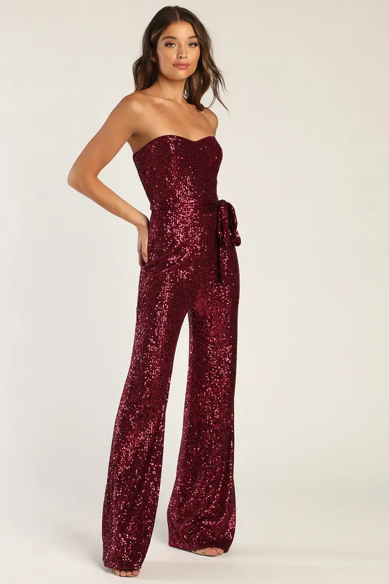 Flirty Moves Wine Red Sequin Strapless Wide-Leg Jumpsuit sold by Lulus product image thumbnail 3