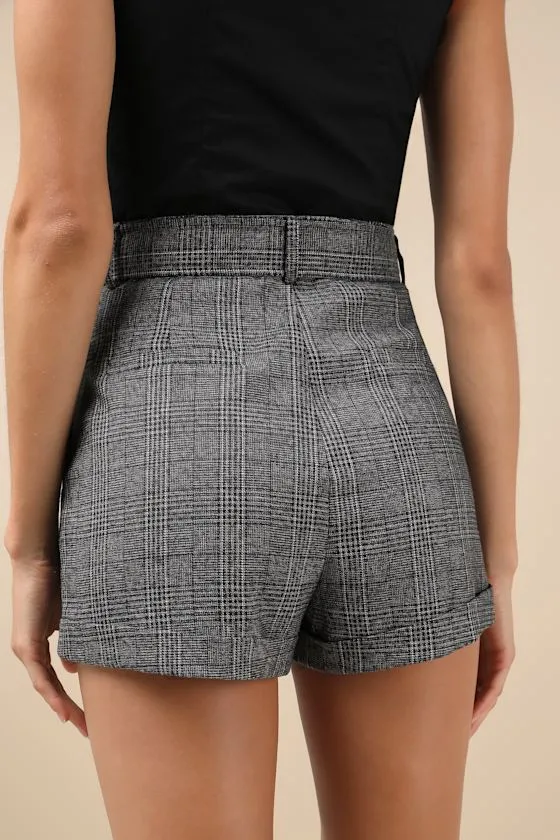 Confidently Posh Grey Plaid Belted High-Waisted Shorts sold by Lulus product image thumbnail 2