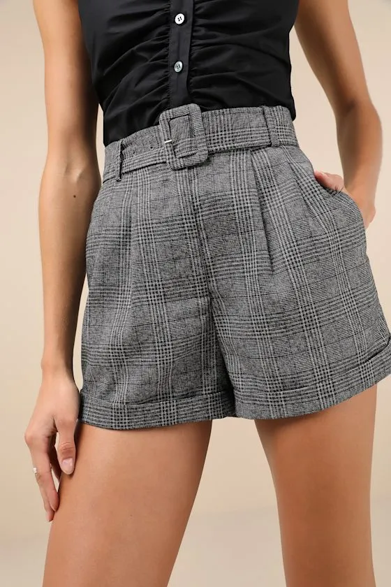 Confidently Posh Grey Plaid Belted High-Waisted Shorts sold by Lulus product image thumbnail 3