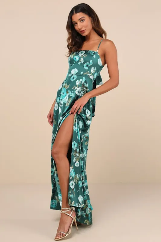 Sincerely Romantic Green Floral Satin Tie-Back Maxi Dress sold by Lulus
