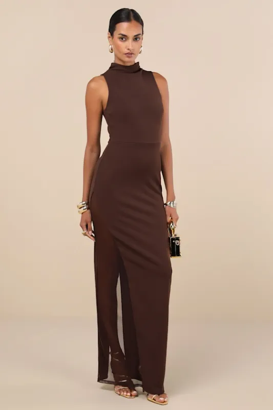Alluring Influence Dark Brown Mock Neck Sleeveless Maxi Dress sold by Lulus