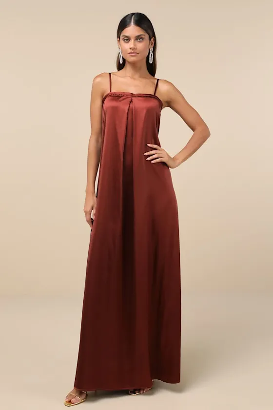 Modern Poise Rust Red Satin Pleated Sleeveless Maxi Dress sold by Lulus