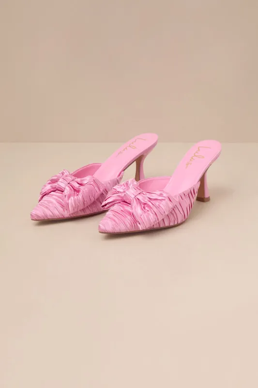 Bettanie Rose Pink Satin Textured Bow High Heel Mules sold by Lulus