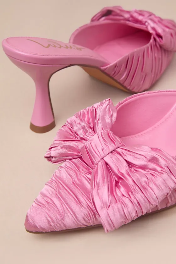 Bettanie Rose Pink Satin Textured Bow High Heel Mules sold by Lulus product image thumbnail 4