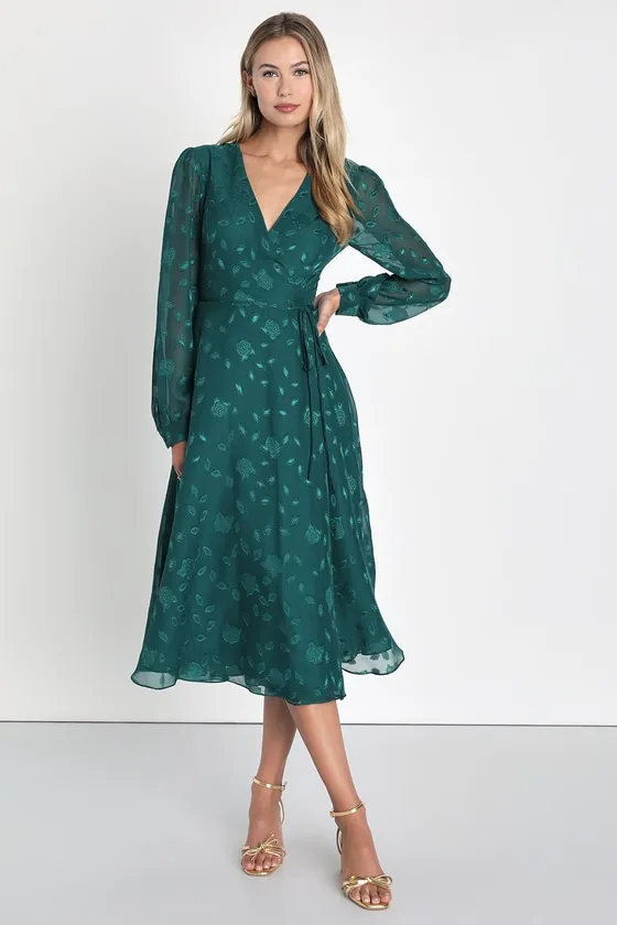 Evening of Elegance Emerald Green Floral Jacquard Wrap Dress sold by Lulus