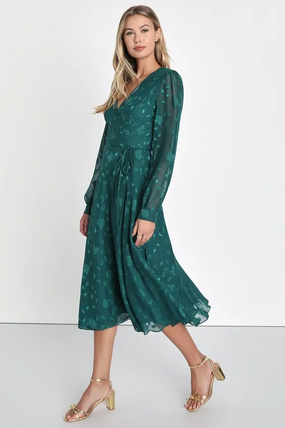 Evening of Elegance Emerald Green Floral Jacquard Wrap Dress sold by Lulus product image thumbnail 2