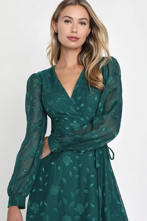 Evening of Elegance Emerald Green Floral Jacquard Wrap Dress sold by Lulus product image thumbnail 3