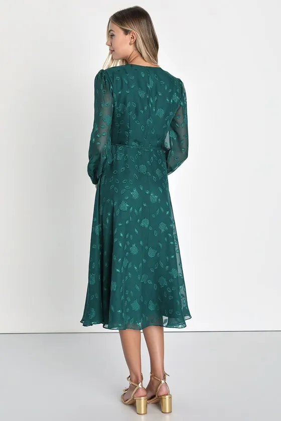 Evening of Elegance Emerald Green Floral Jacquard Wrap Dress sold by Lulus product image thumbnail 4