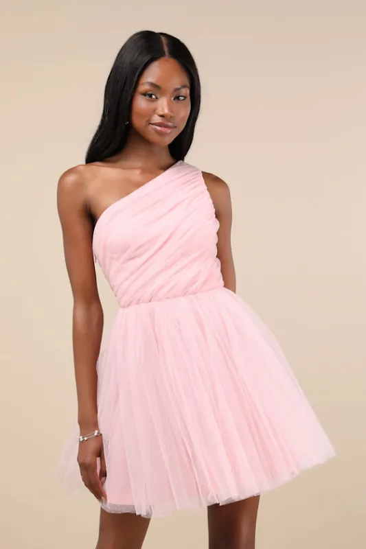 Exceptional Moments Light Pink Swiss Dot One-Shoulder Mini Dress sold by Lulus