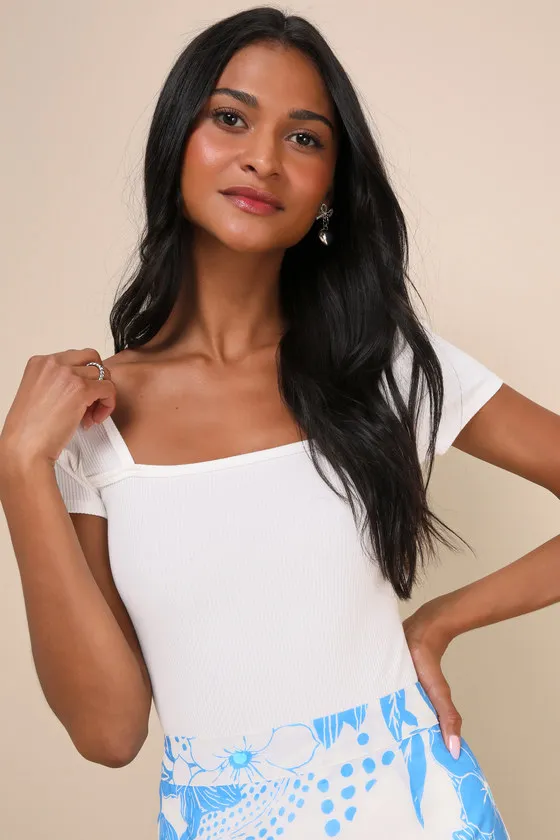 Always Confident Ivory Ribbed Square Neck Short Sleeve Bodysuit sold by Lulus