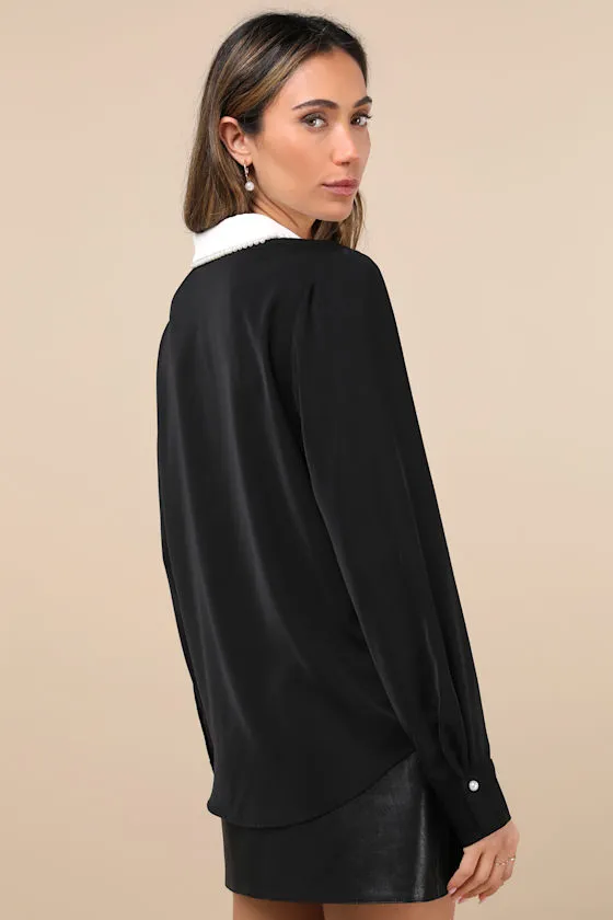 Upscale Composure Black Long Sleeve Pearl Trim Button-Up Top sold by Lulus product image thumbnail 2