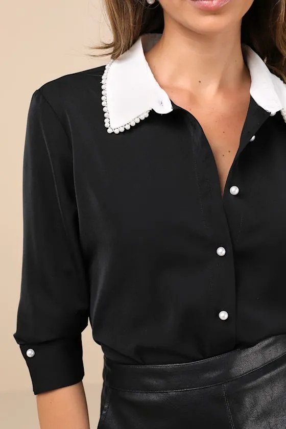 Upscale Composure Black Long Sleeve Pearl Trim Button-Up Top sold by Lulus product image thumbnail 4