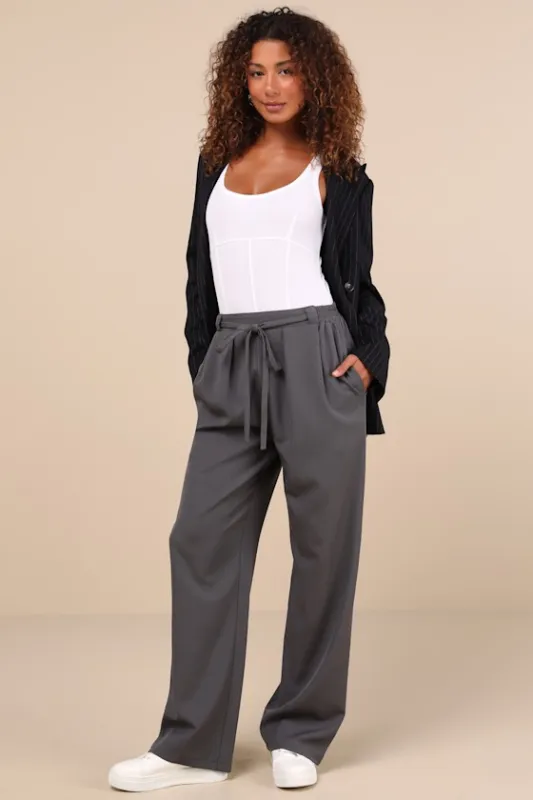Simply Poised Charcoal Grey Twill Wide-Leg Pants sold by Lulus