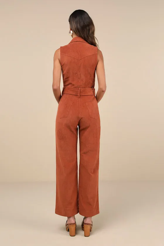 Energetic Appeal Rust Orange Corduroy Sleeveless Belted Jumpsuit sold by Lulus product image thumbnail 3