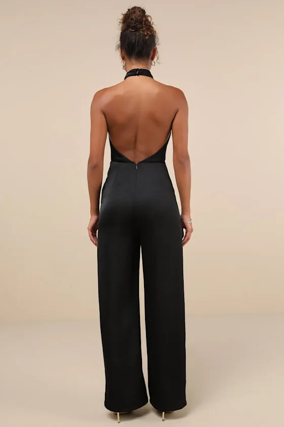 Beyond Classy Black Satin Halter Wide-Leg Jumpsuit sold by Lulus product image thumbnail 3