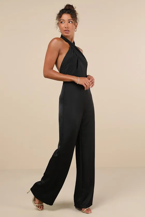 Beyond Classy Black Satin Halter Wide-Leg Jumpsuit sold by Lulus product image thumbnail 4