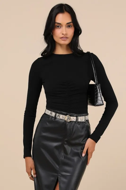 Casual Energy Black Ruched Long Sleeve Crew Neck Top made by Lulus
