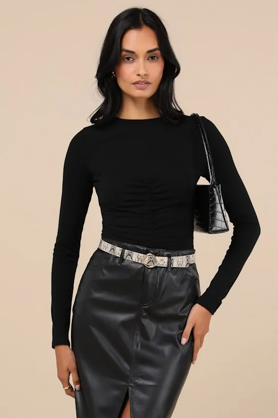Casual Energy Black Ruched Long Sleeve Crew Neck Top sold by Lulus